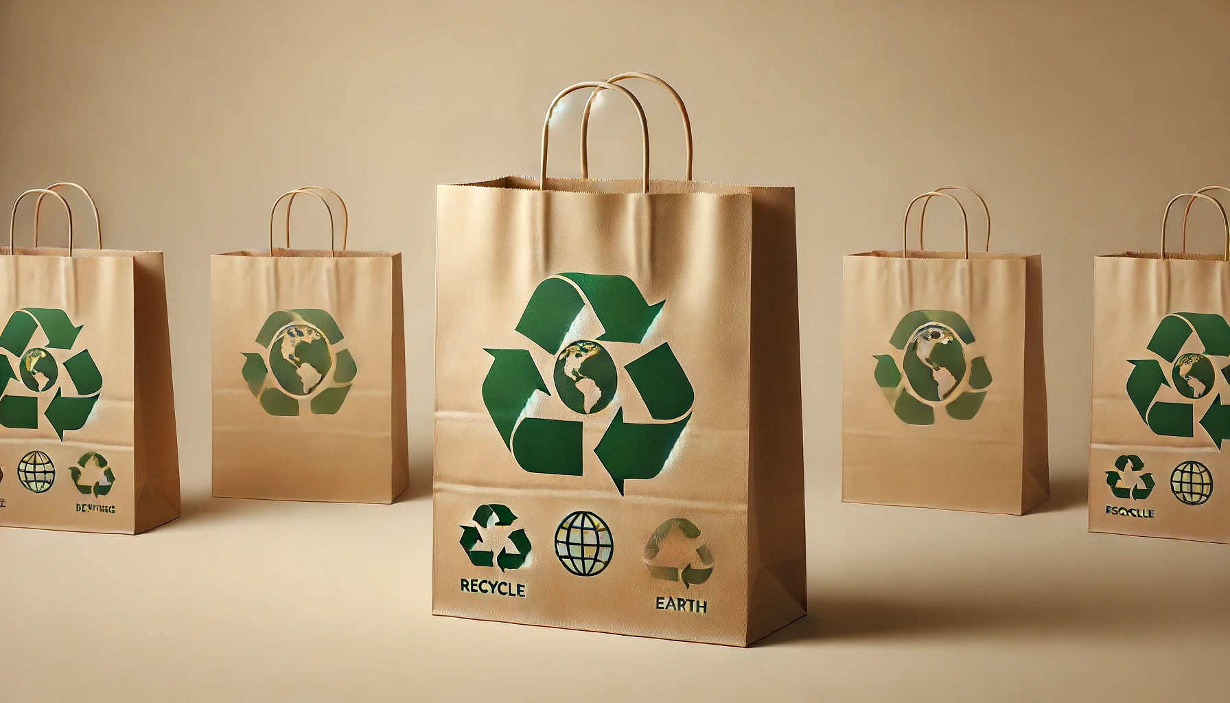 Paper bags with recycling symbols and earth icons