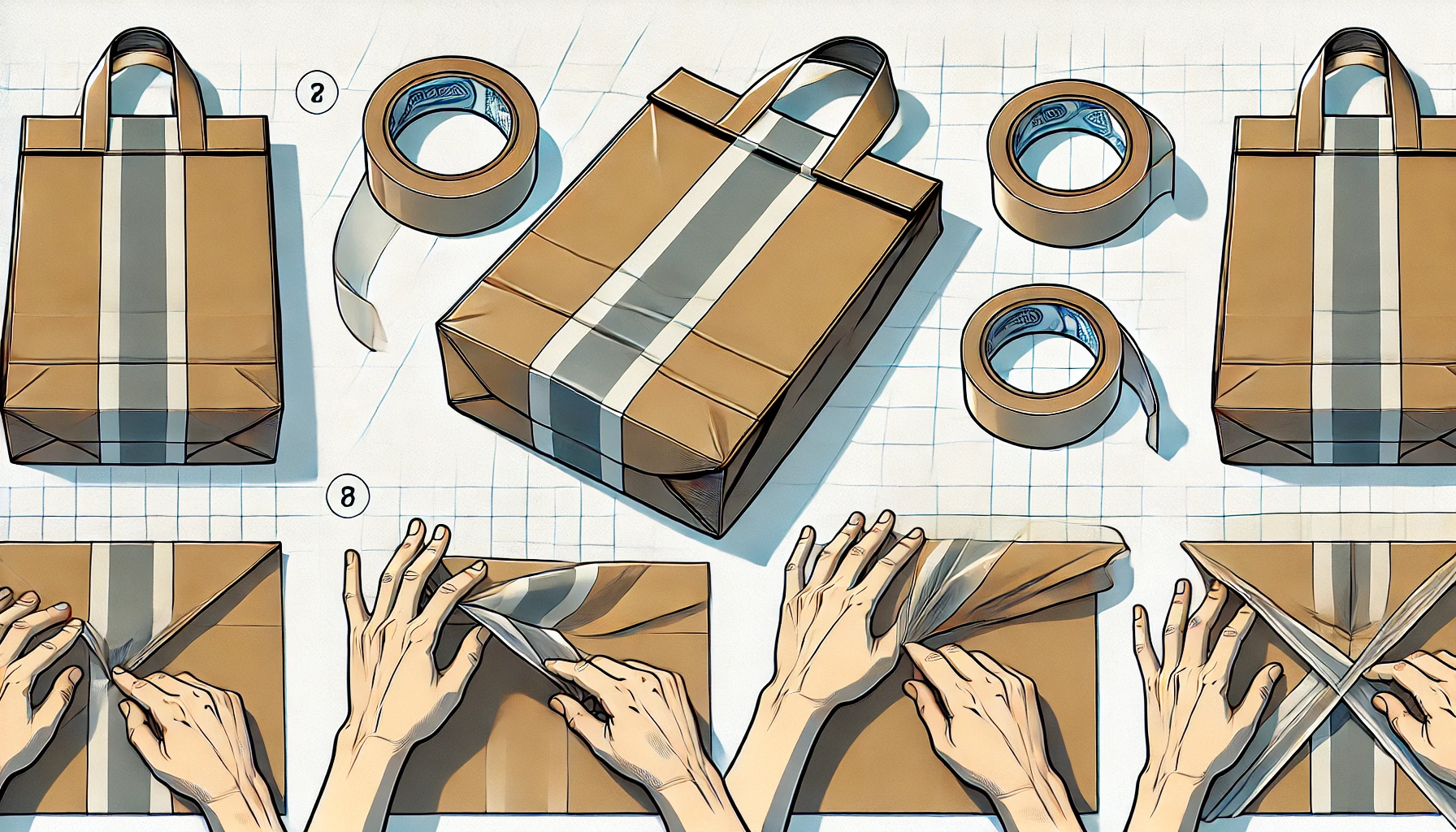 the process of folding and taping the sides of wrapping paper to create the main body of a gift bag